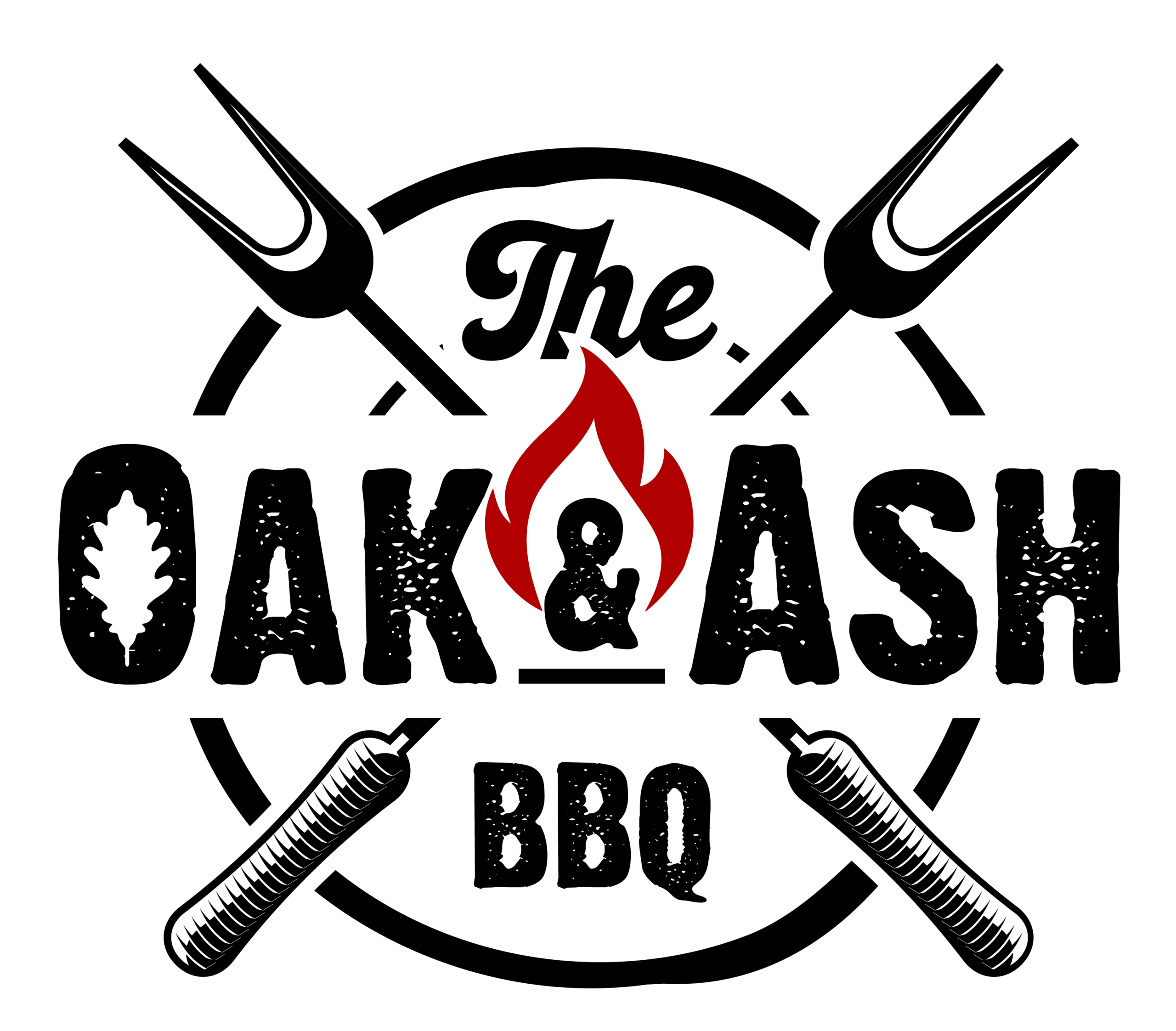Oak & Ash BBQ text with a flame and forks